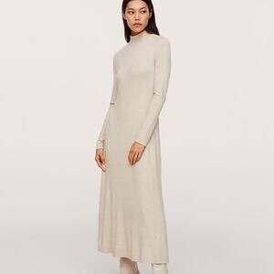NEW Mango MNG Beige Knit Long Sleeve Mock Neck Maxi A Line Sweater Dress Size L
